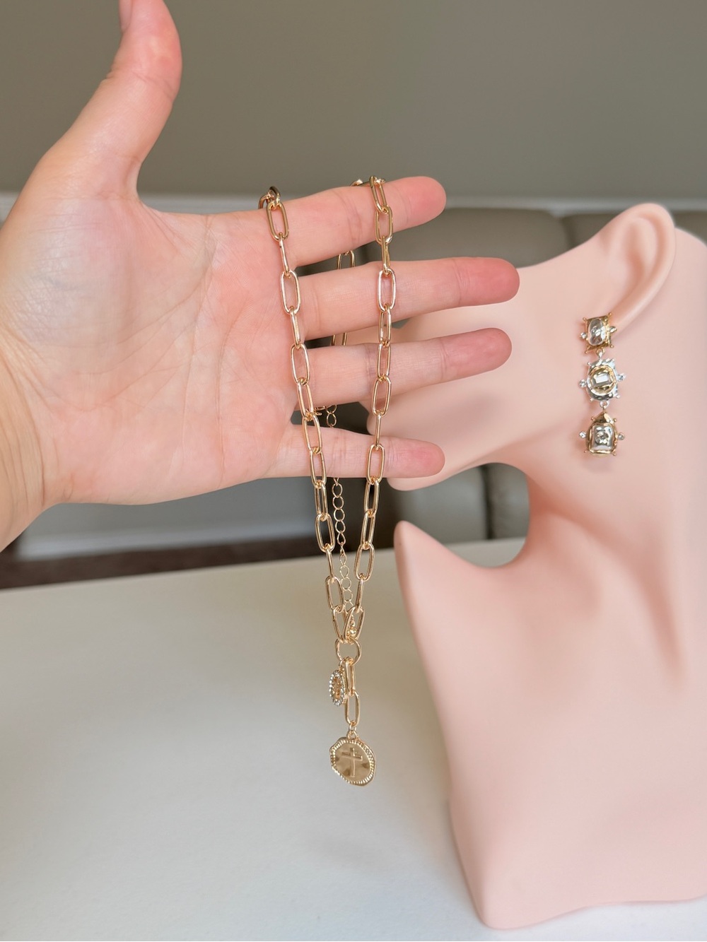 Gold-Tone Link Necklace with Cross Coin and Crystal Charm - Picture 7 of 10